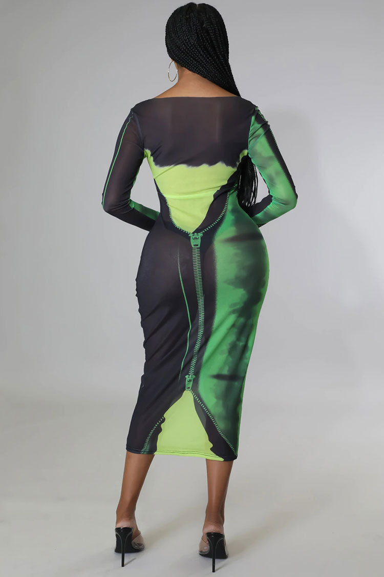 Round Neck Tie Dye Printed Long Sleeve Sheer Midi Dress - Green - View 5