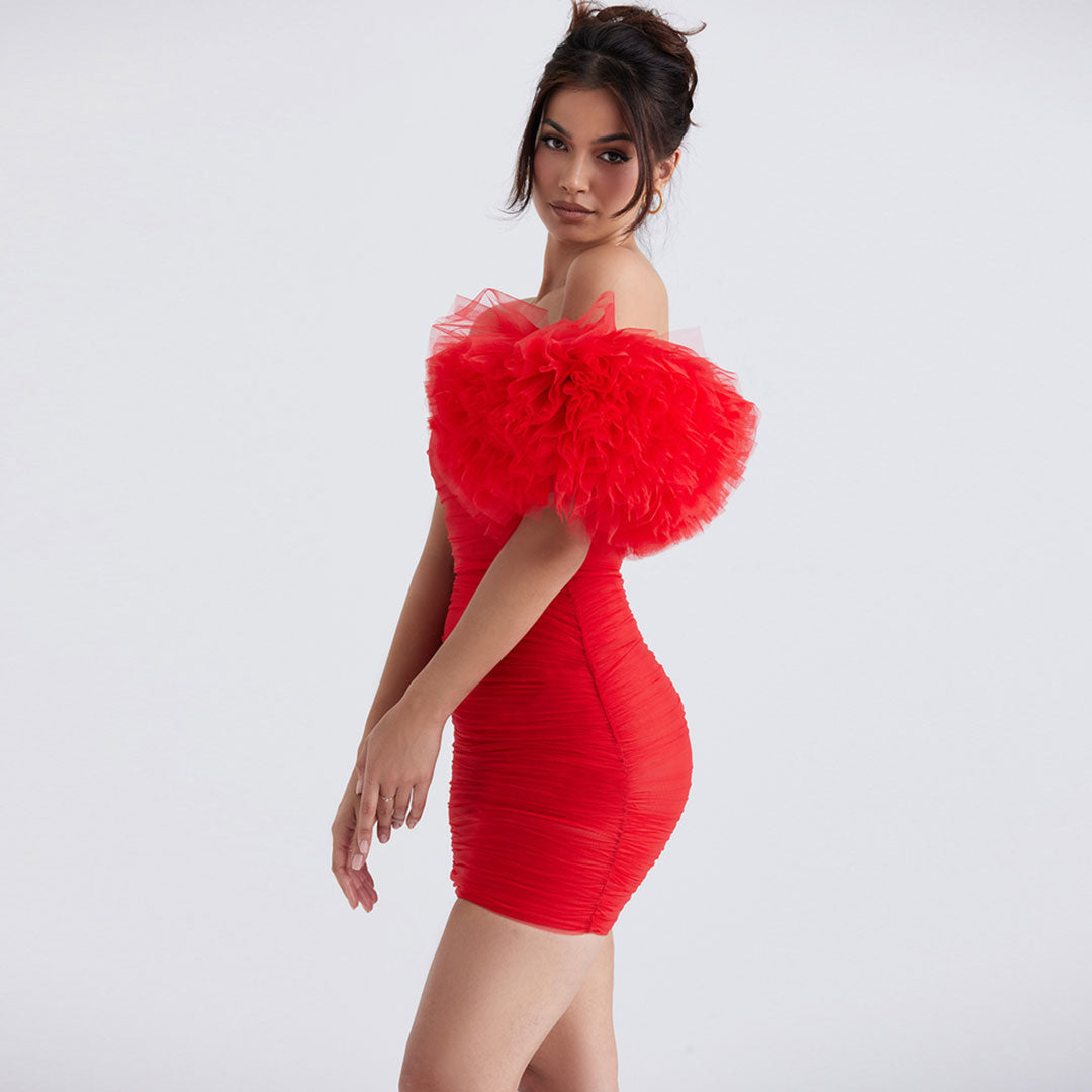 Tulle Strapless Puff Sleeve Ruched Bodycon Mini Dress - View 2