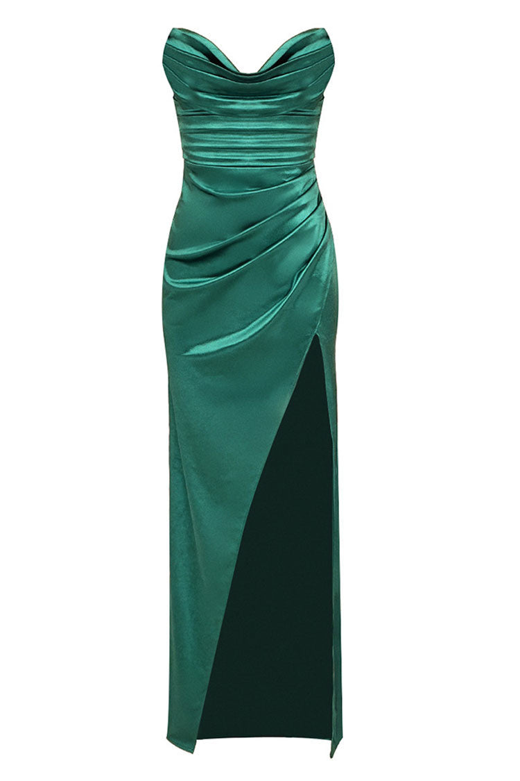 Silky Satin Cowl Neck Pleated Evening Maxi Dress - Emerald Green - View 6