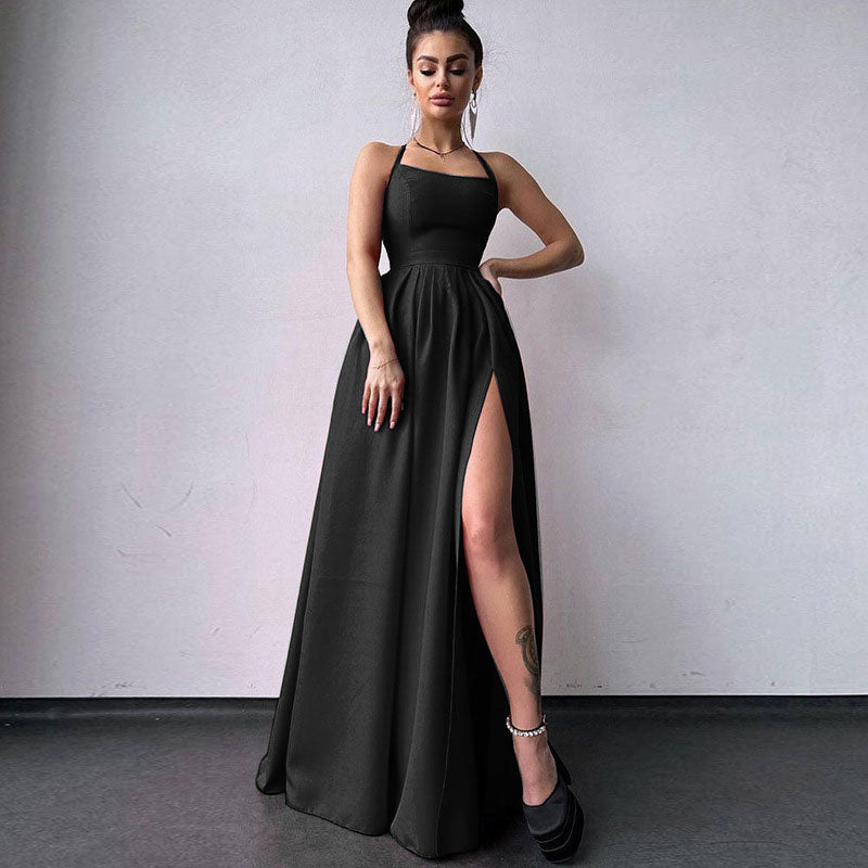 High Split Lace Up Back Sleeveless Prom Maxi Dress - Black - View 2