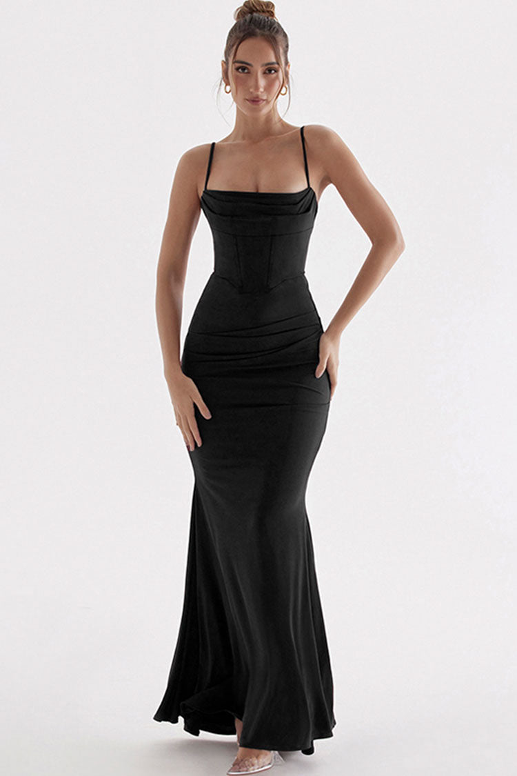 Square Neck Spaghetti Strap Corset Ruched Mermaid Maxi Dress