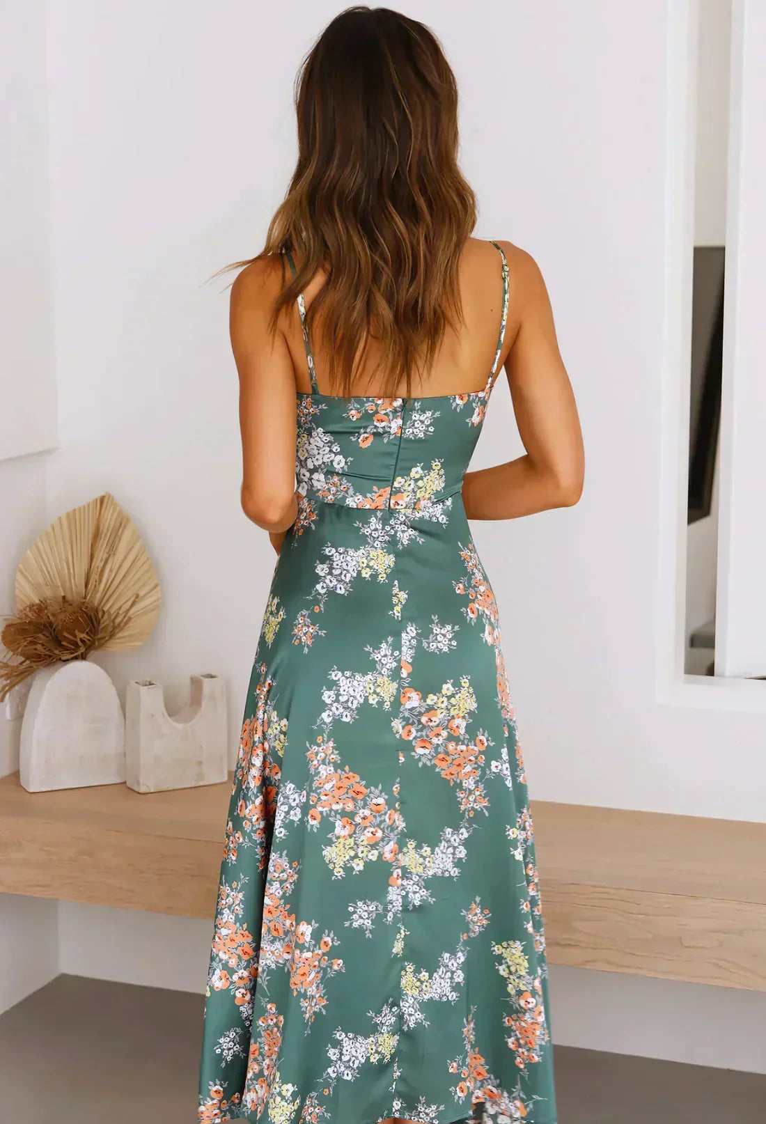 Floral Spaghetti Strap Deep V-Neck Tie Front Cut Out Midi Dress - View 4