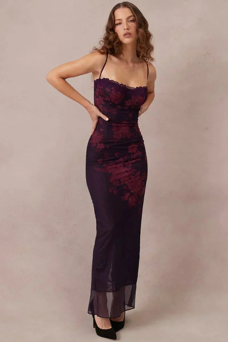 Floral Spaghetti Strap Lace Trim Bodycon Maxi Dress - View 5