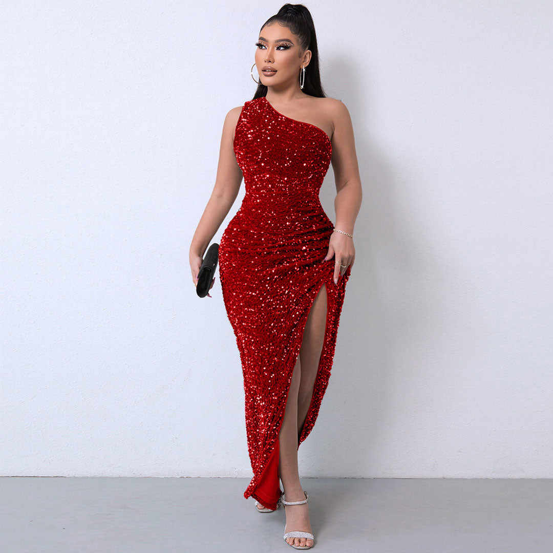 One Shoulder Gown Maxi Dress - Burgundy - View 2