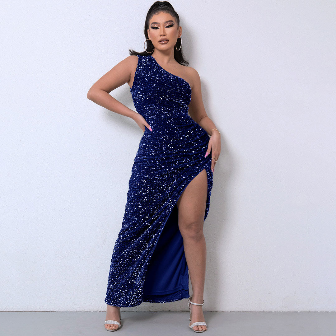 One Shoulder Gown Maxi Dress - Royal Blue
