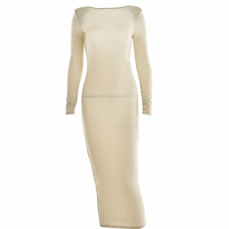 Long Sleeve Open Back Cocktail Midi Dress - Khaki - View 3