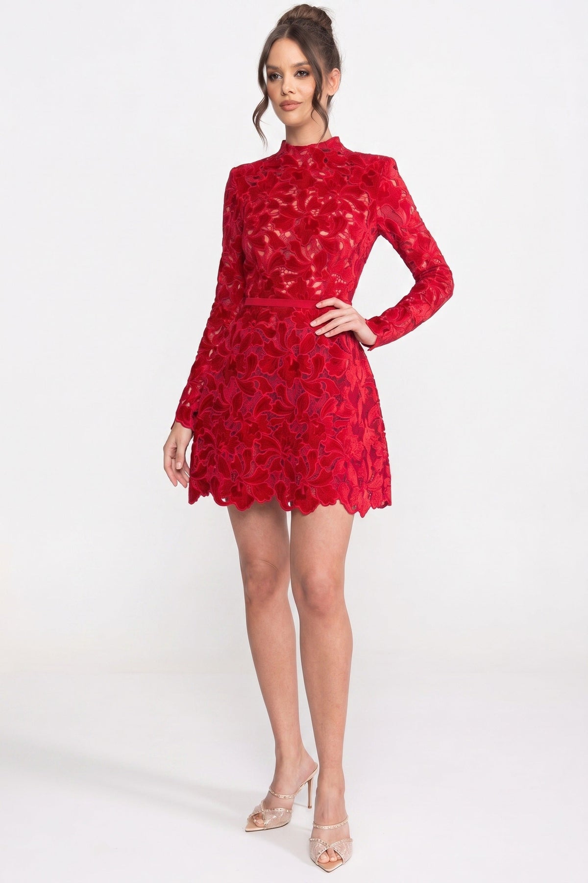 Long-Sleeve Lace Mini Dress With High Neck And Scalloped Hem - Red - View 4