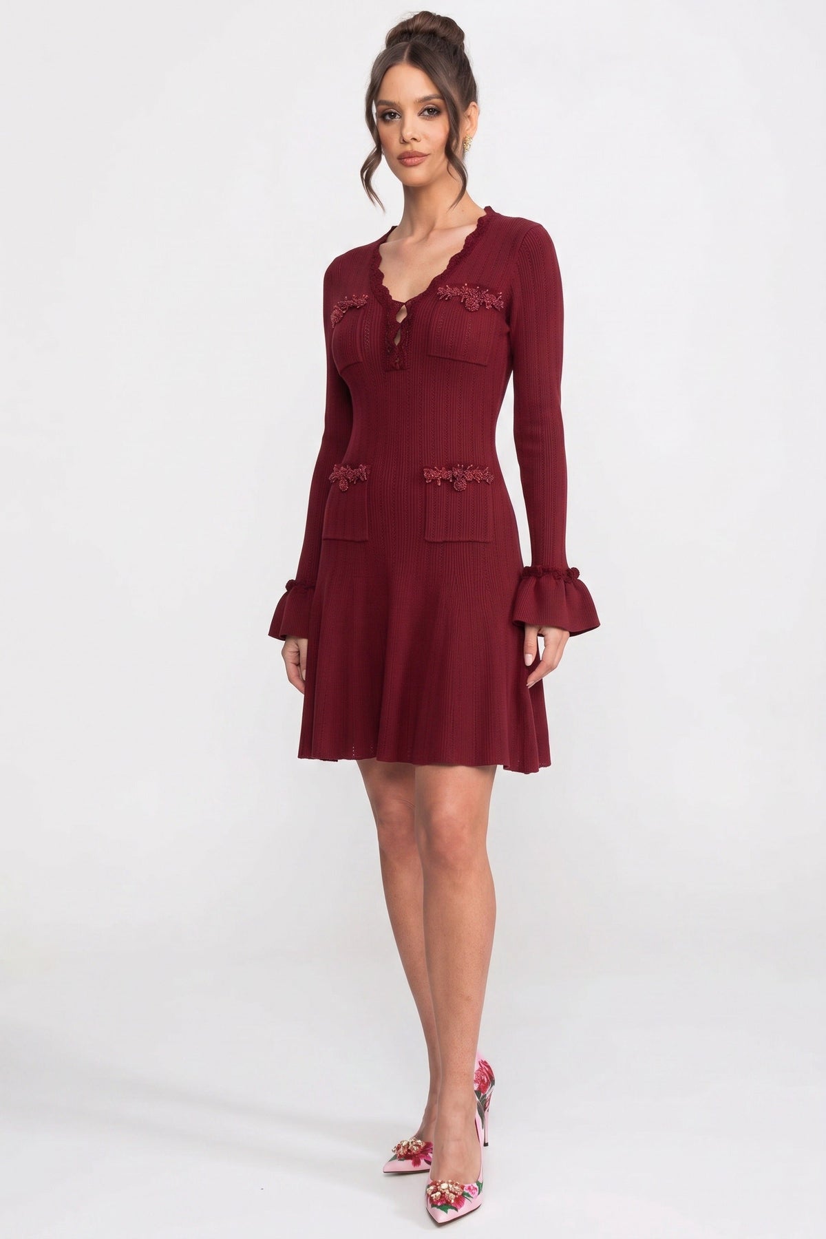 Long-Sleeve V-Neck Knit Mini Dress - Burgundy - View 3