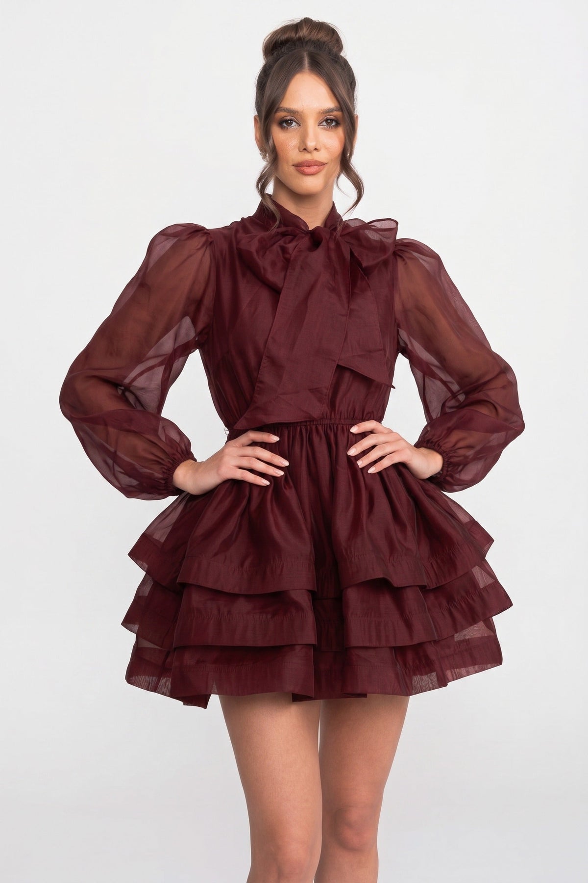 High-Neck Puff-Sleeve Mini Dress - Wine - View 3