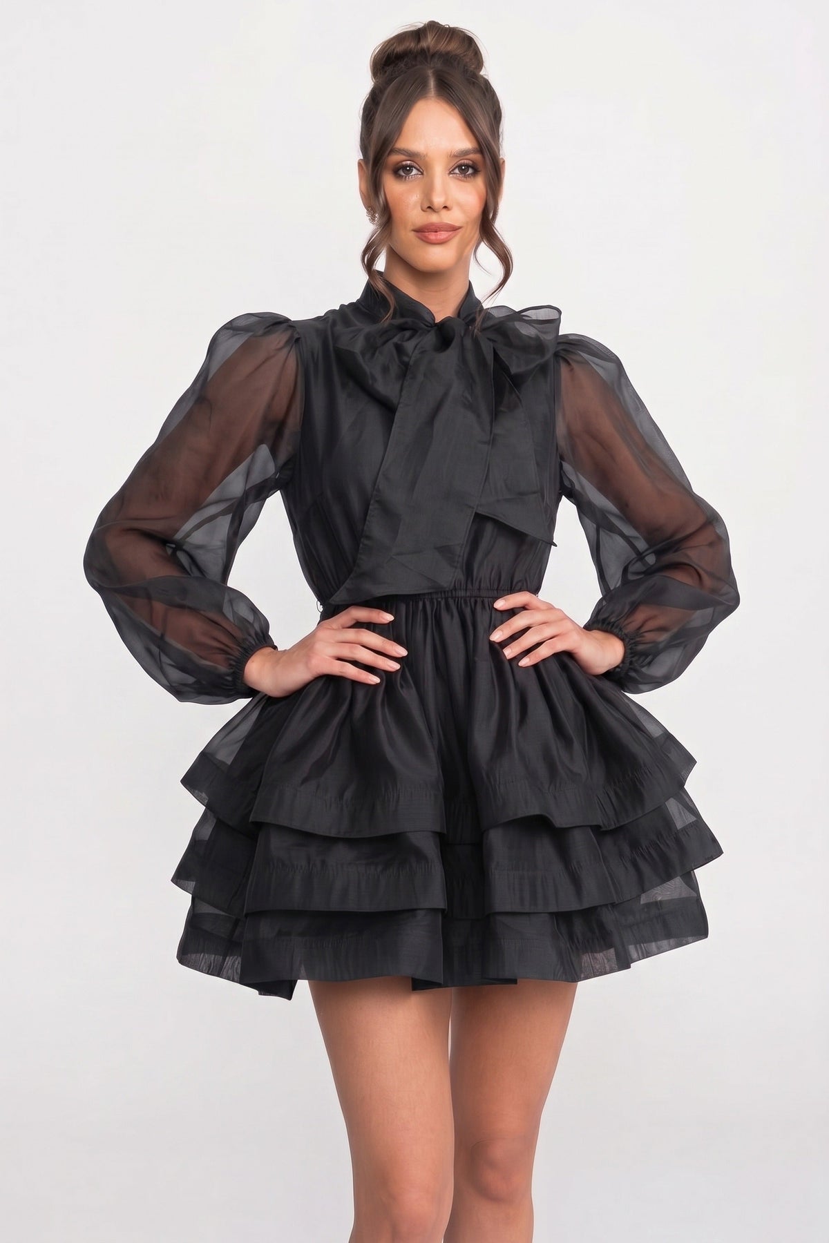 High-Neck Puff-Sleeve Mini Dress - Black - View 3