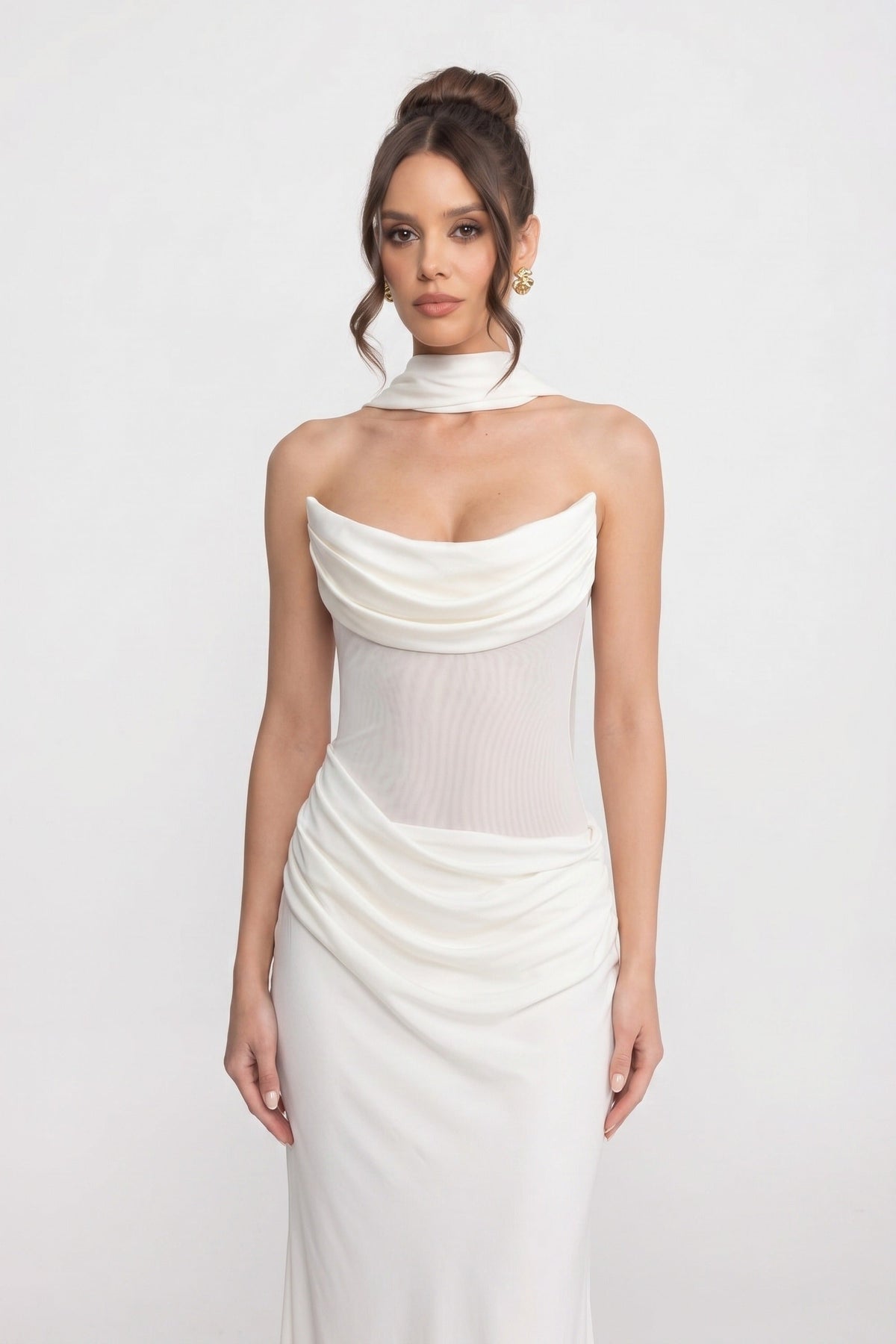 Strapless Draped Maxi Gown With Cowl Neckline And Sheer Scarf - White - View 4