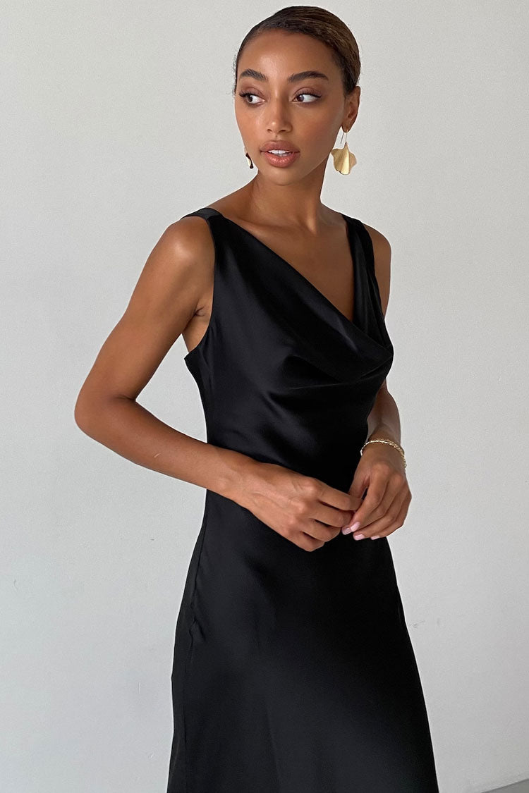 Silky Cowl Neck Sleeveless Satin Fishtail Evening Maxi Dress - Black - View 3