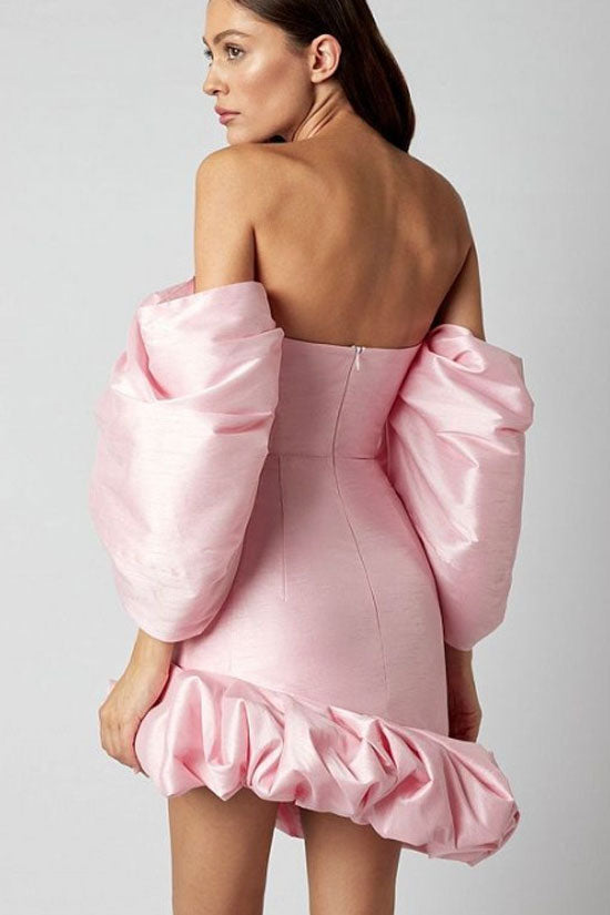 Silky Off The Shoulder Puff Sleeve Ruffle Party Mini Dress - Pink - View 2