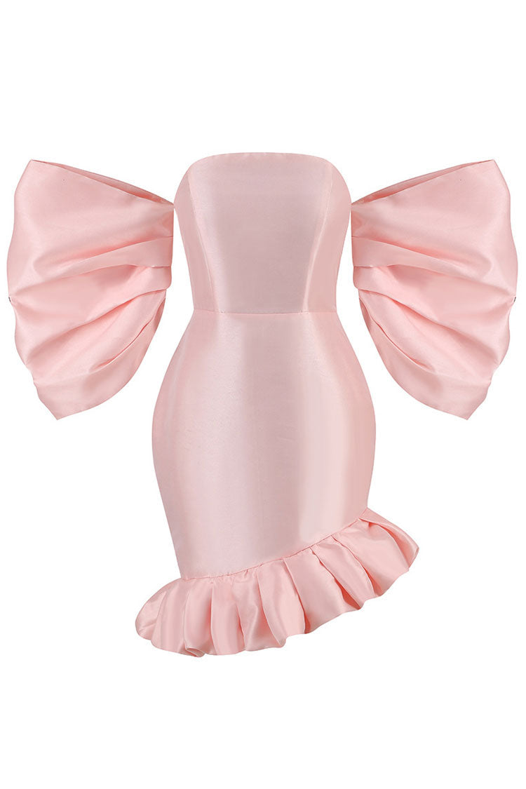 Silky Off The Shoulder Puff Sleeve Ruffle Party Mini Dress - Pink - View 3