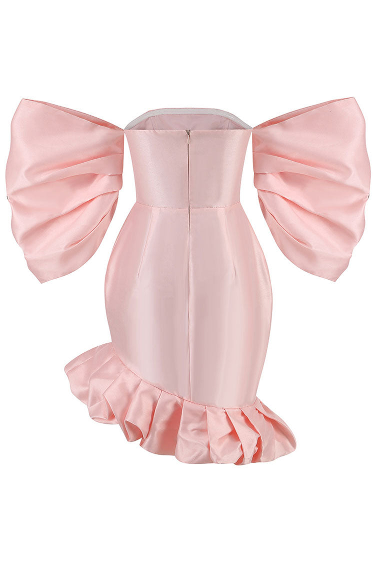 Silky Off The Shoulder Puff Sleeve Ruffle Party Mini Dress - Pink - View 4
