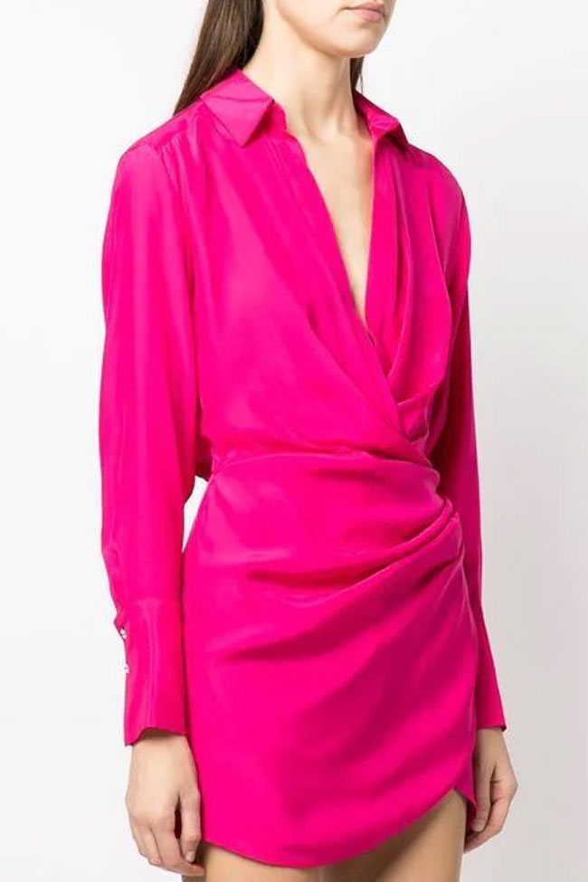 Silky Satin Collared V Neck Shirt Mini Dress - Hot Pink - View 2