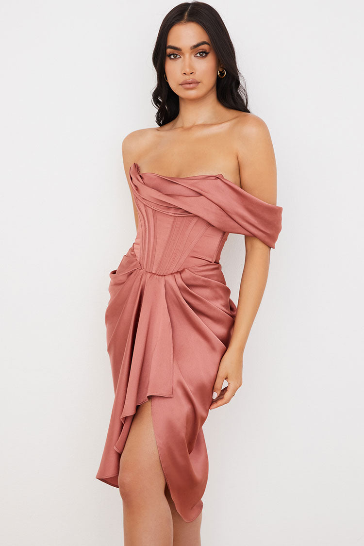 Satin Off Shoulder Corset Ruched High Low Bodycon Midi Dress - View 3