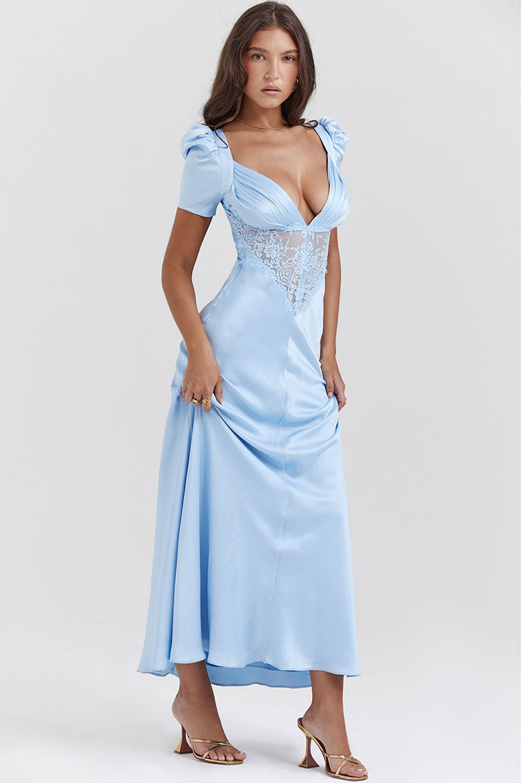Silky Satin Pleated Deep V Fishtail Evening Maxi Dress - Blue - View 2