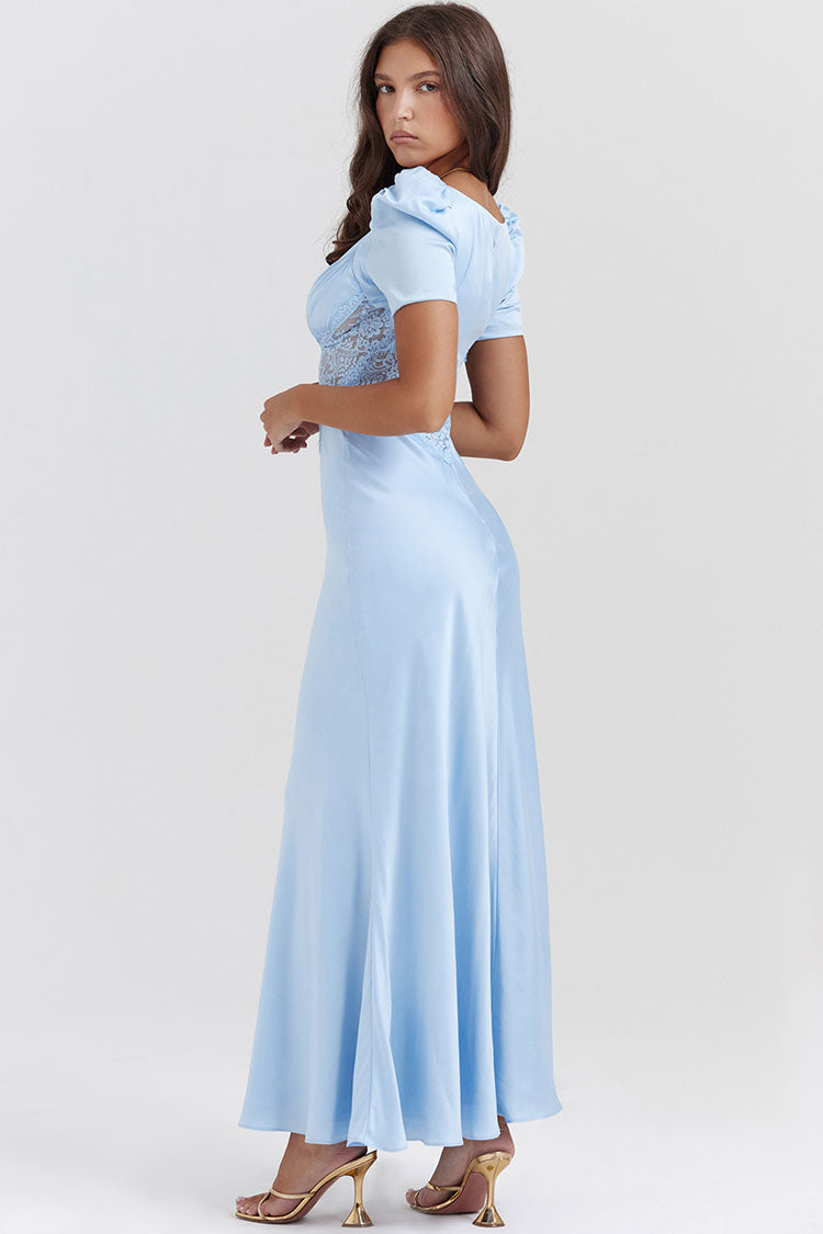 Silky Satin Pleated Deep V Fishtail Evening Maxi Dress - Blue - View 3
