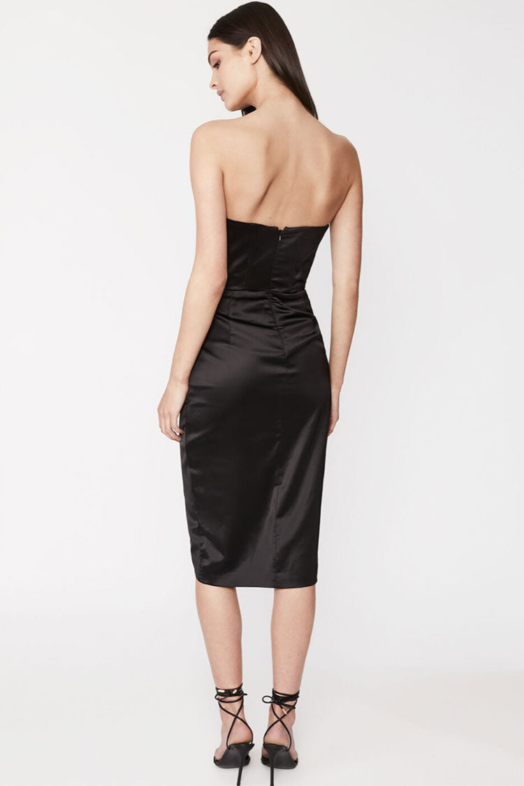 Satin Strapless Ruched Corset Draped High Split Midi Dress - View 3