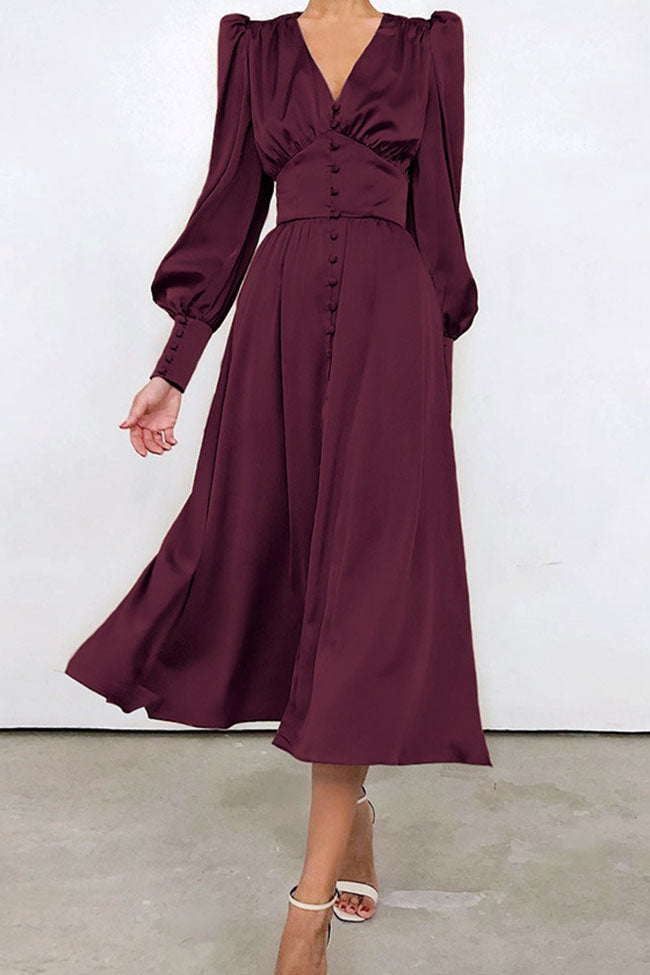 Silky Satin V Neck Puff Sleeve Button Shirt Midi Dress - Burgundy
