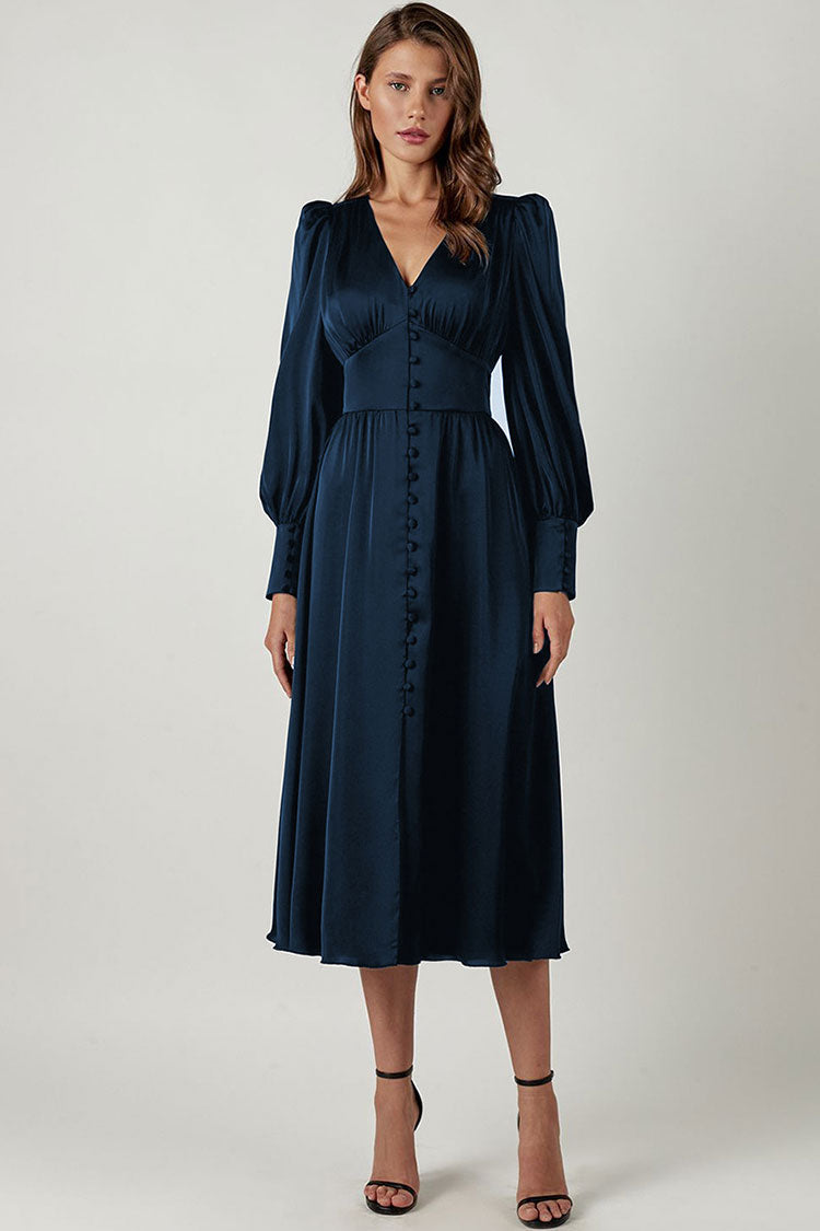 Silky Satin V Neck Puff Sleeve Shirt Midi Dress - Navy Blue