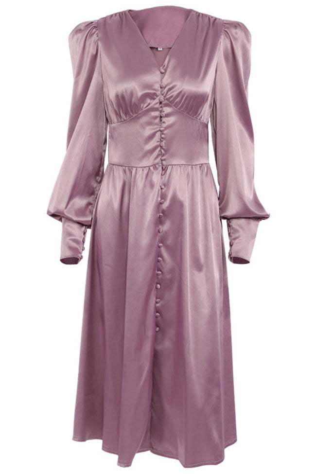 Silky Satin V Neck Puff Sleeve Button Shirt Midi Dress - Purple - View 2