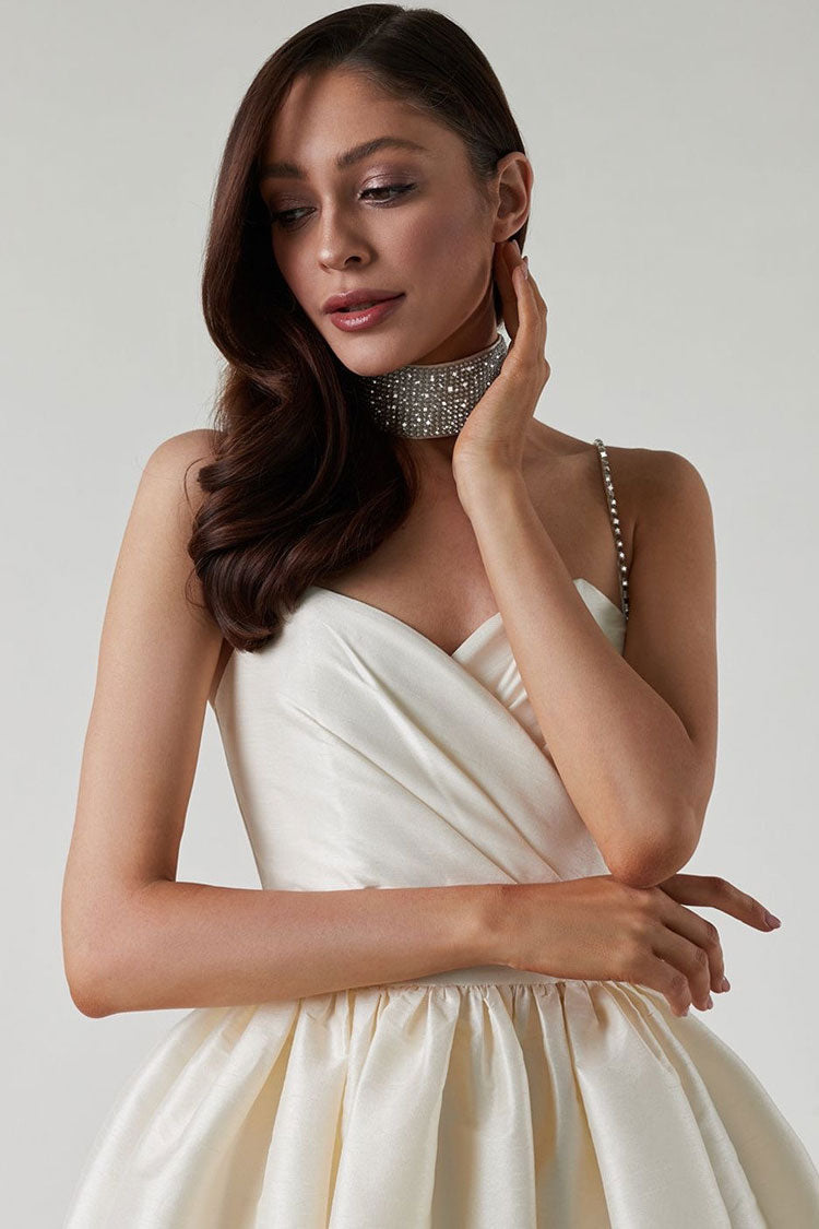 Silky Sweetheart Spaghetti Strap Pleated Satin Mini Dress - White - View 3