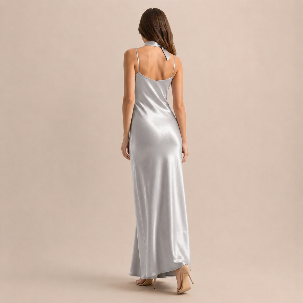 Scarf Neck V-Neck Satin Bias Slip Maxi Dress 11