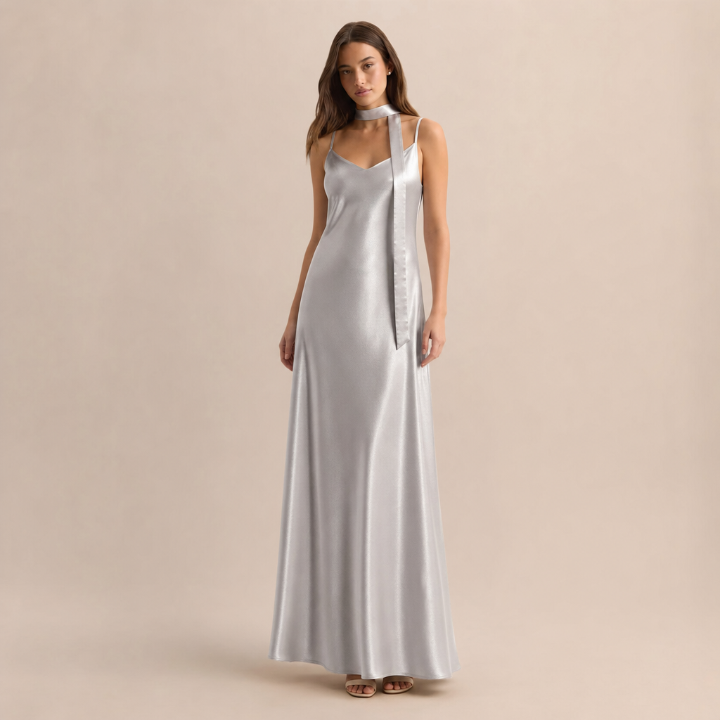 Scarf Neck V-Neck Satin Bias Slip Maxi Dress 9