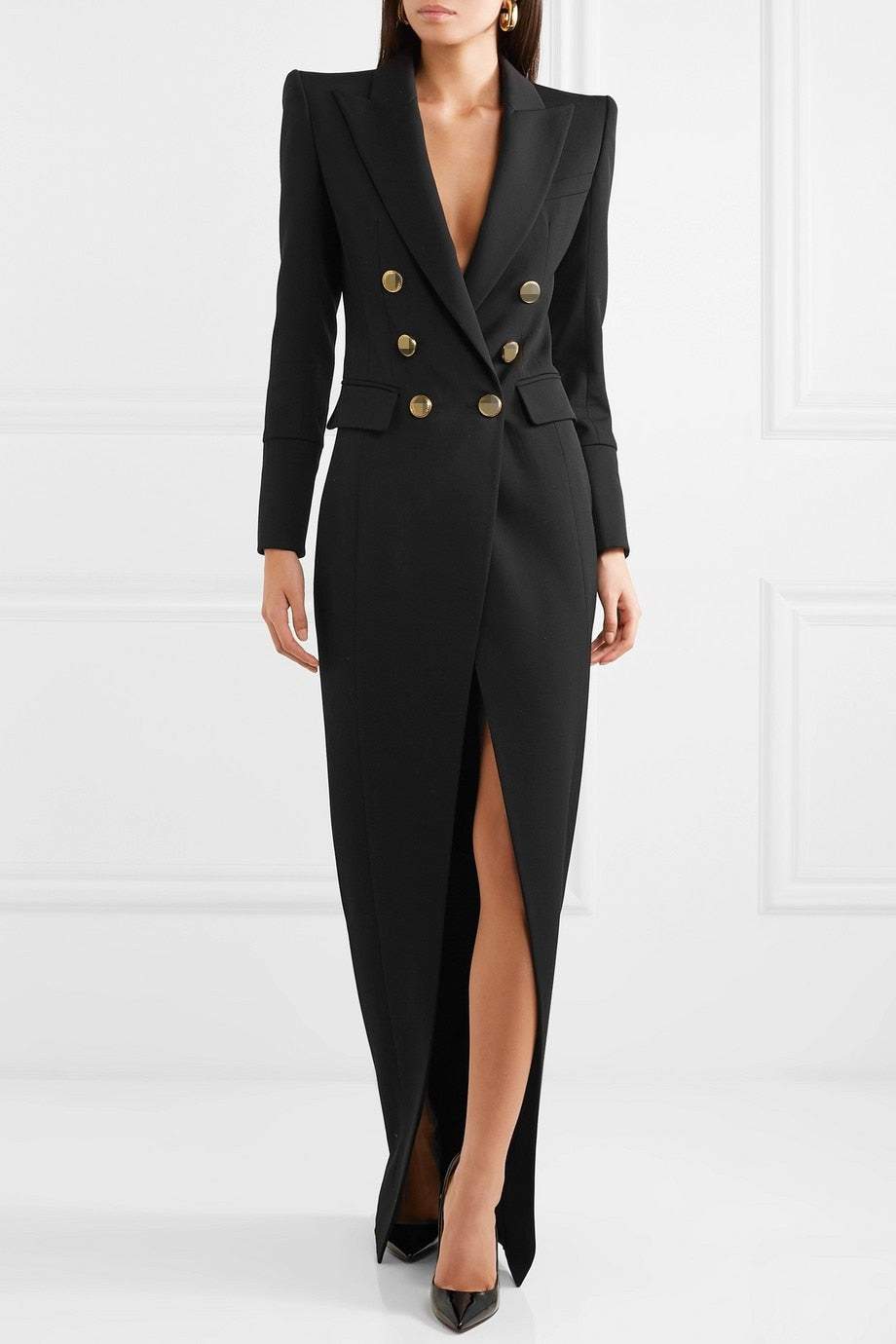 Double Breasted Peak Lapel Long Sleeve High Split Maxi Blazer Dress - View 4