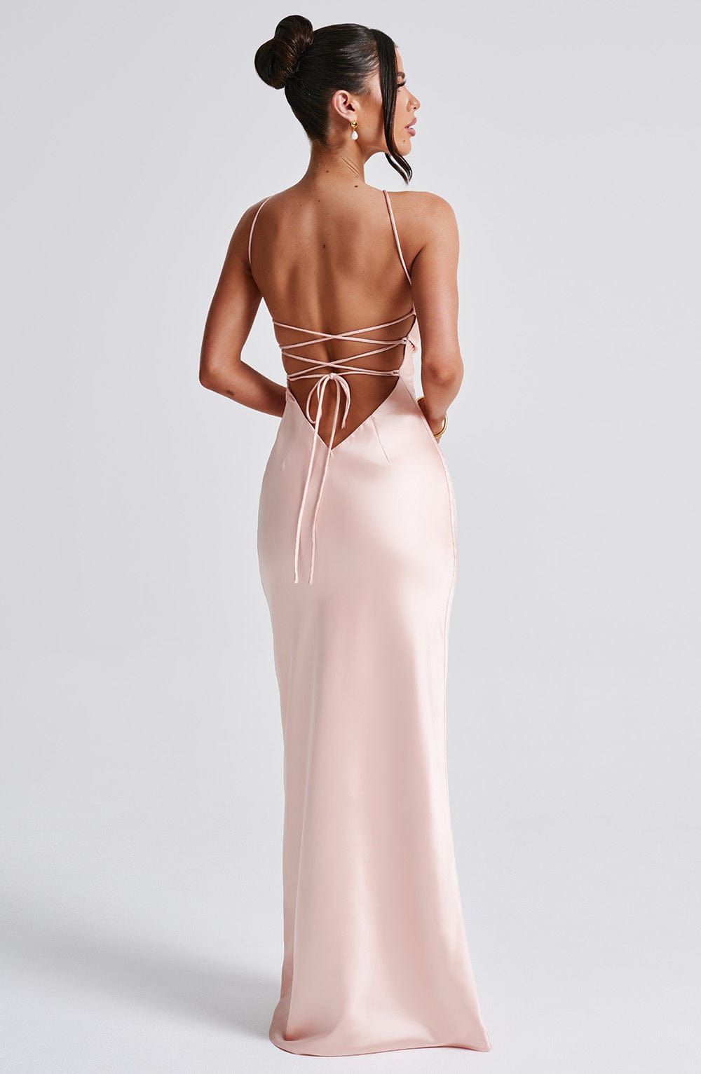 Satin Backless Lace Up Crisscross Strap Bodycon Maxi Gown - View 3
