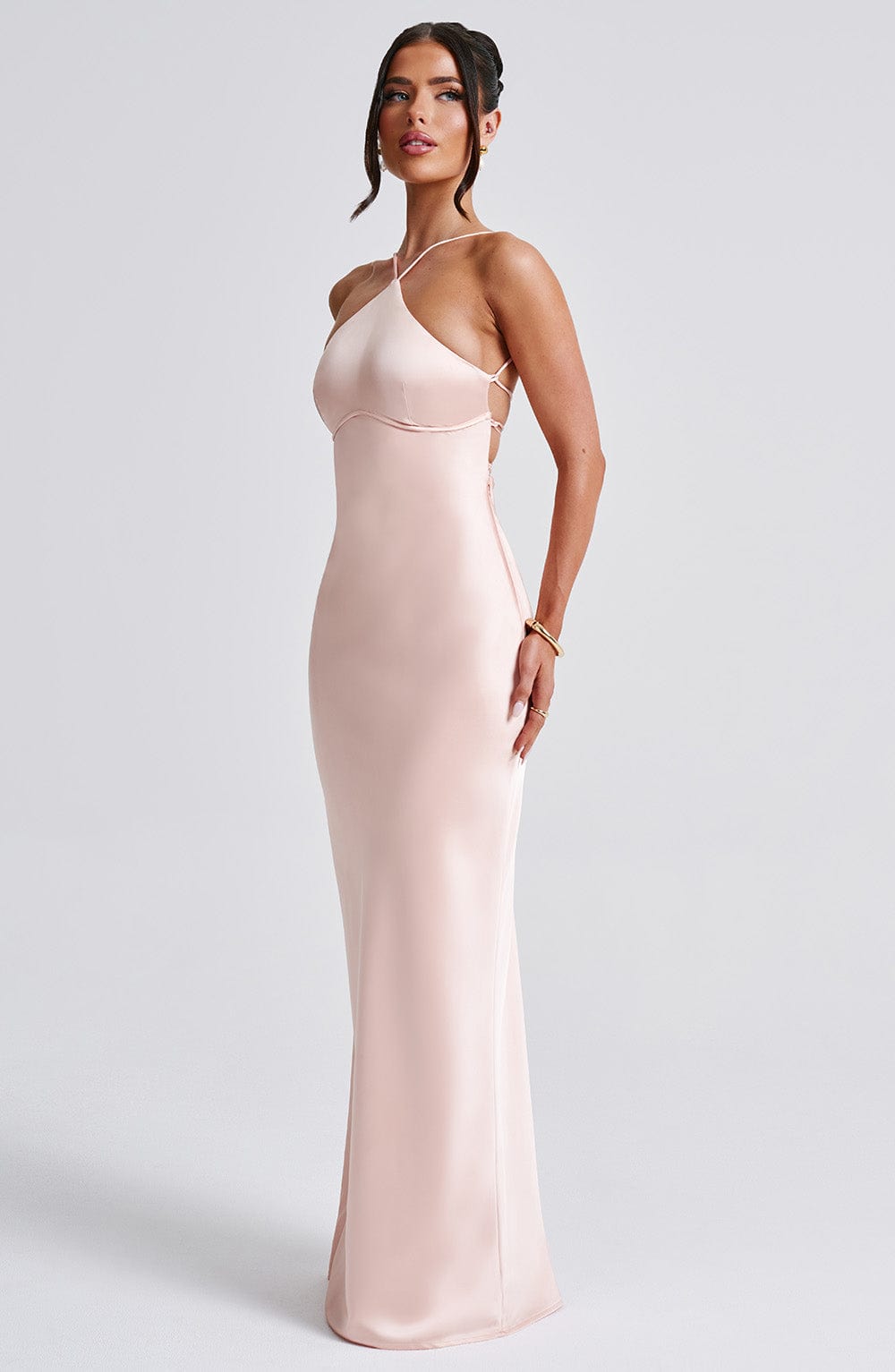 Satin Backless Lace Up Crisscross Strap Bodycon Maxi Gown - View 2