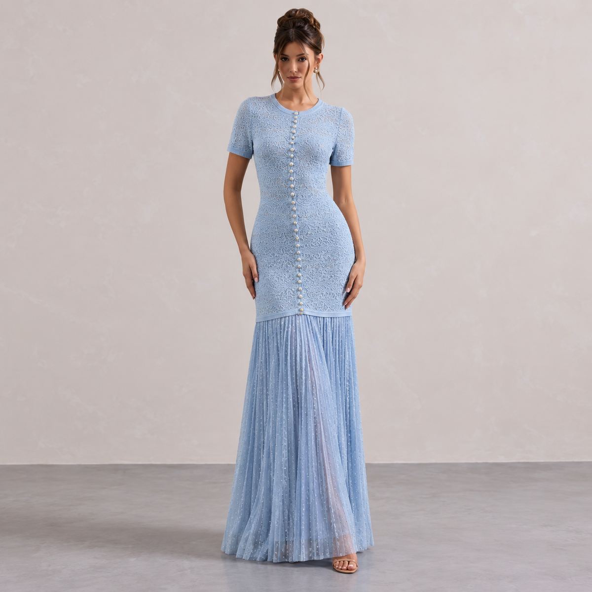 Crochet Knit Pearl Button Pleated Fishtail Maxi Dress