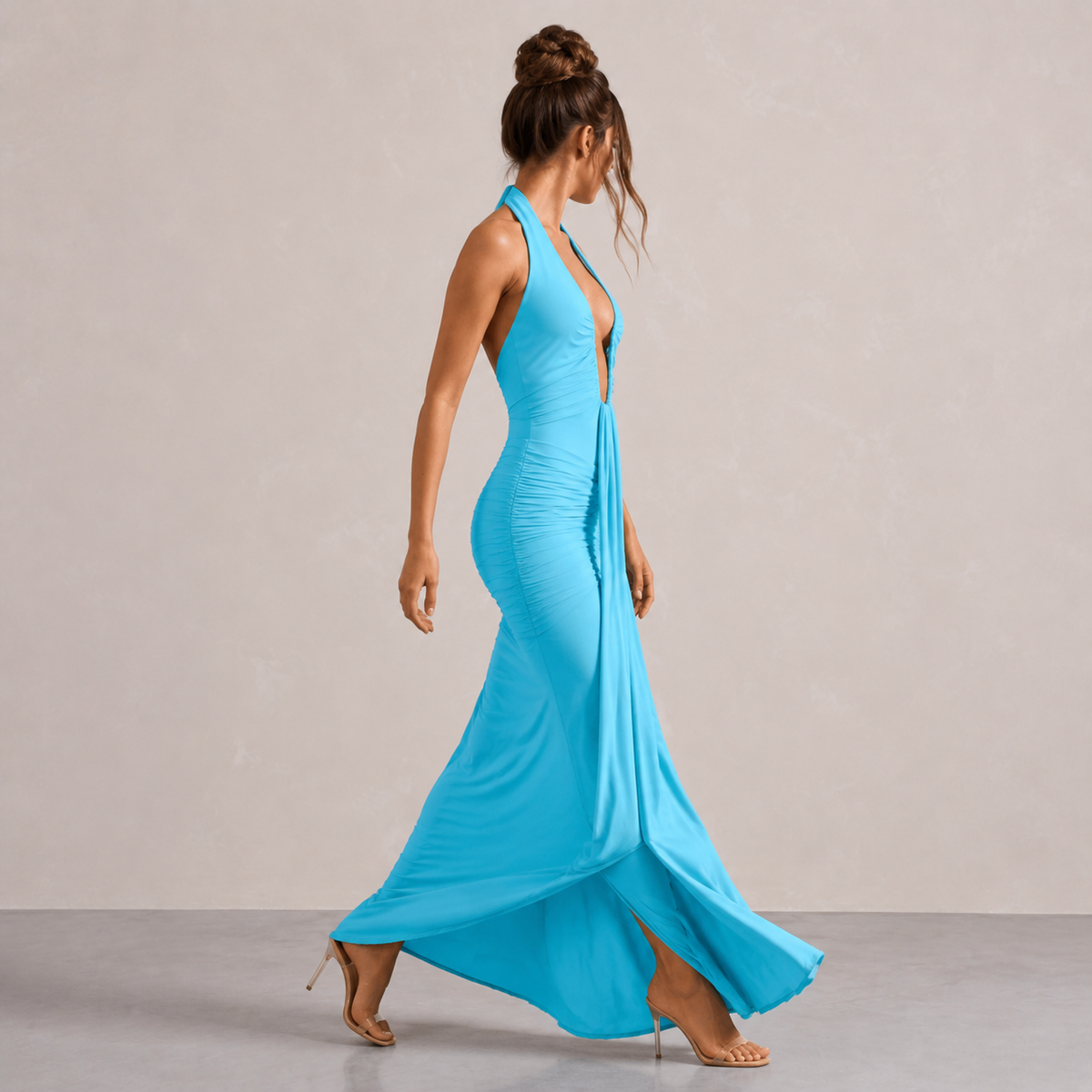 Plunge Halter Neck Ruched Draped Mermaid Maxi Gown 20