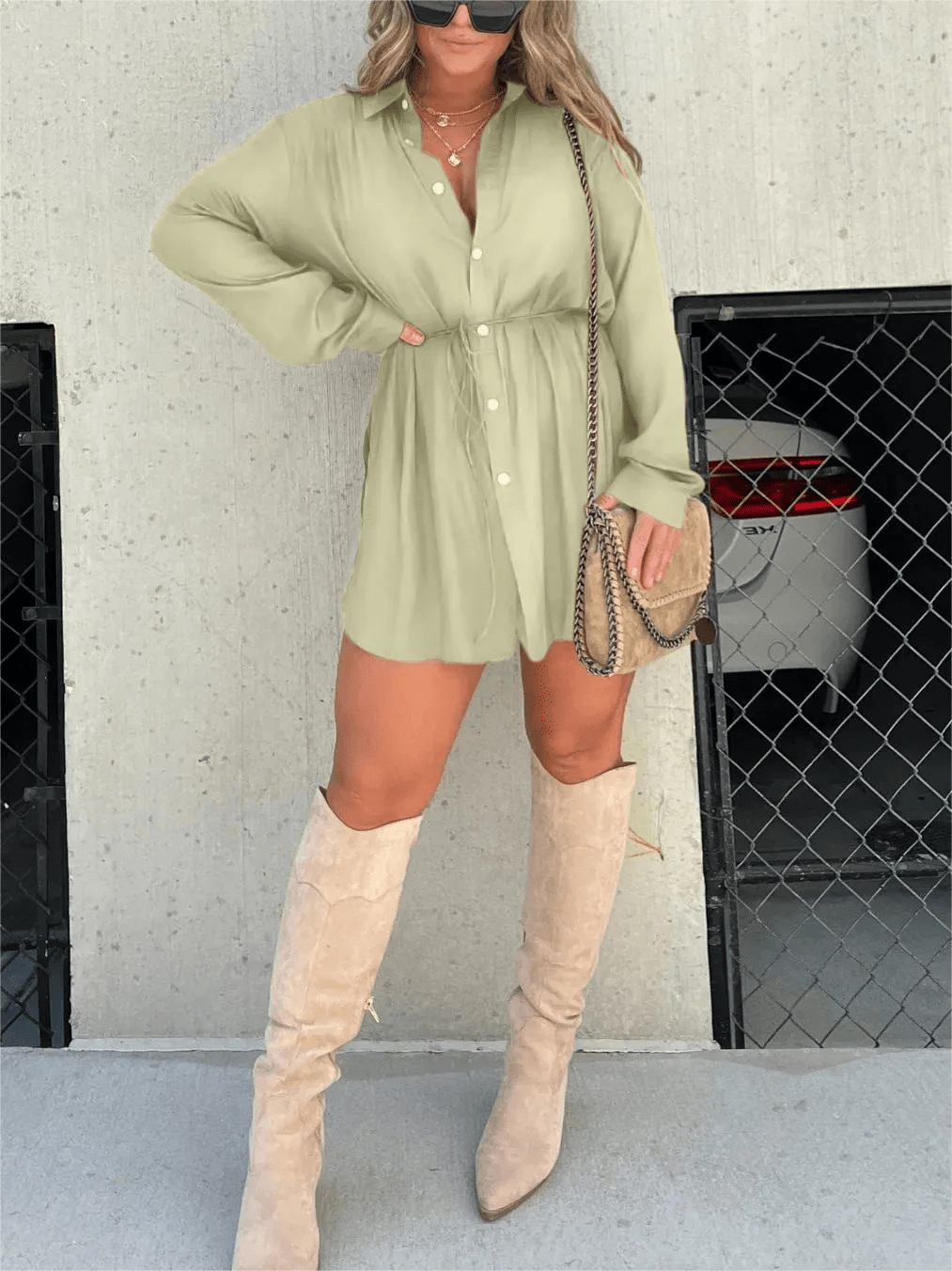 Long Sleeve Button Front Collared Waist Cinched Shirt Mini Dress - View 10