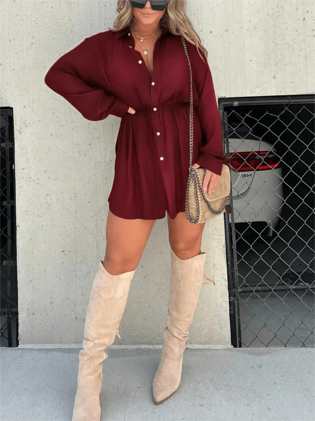 Long Sleeve Button Front Collared Waist Cinched Shirt Mini Dress