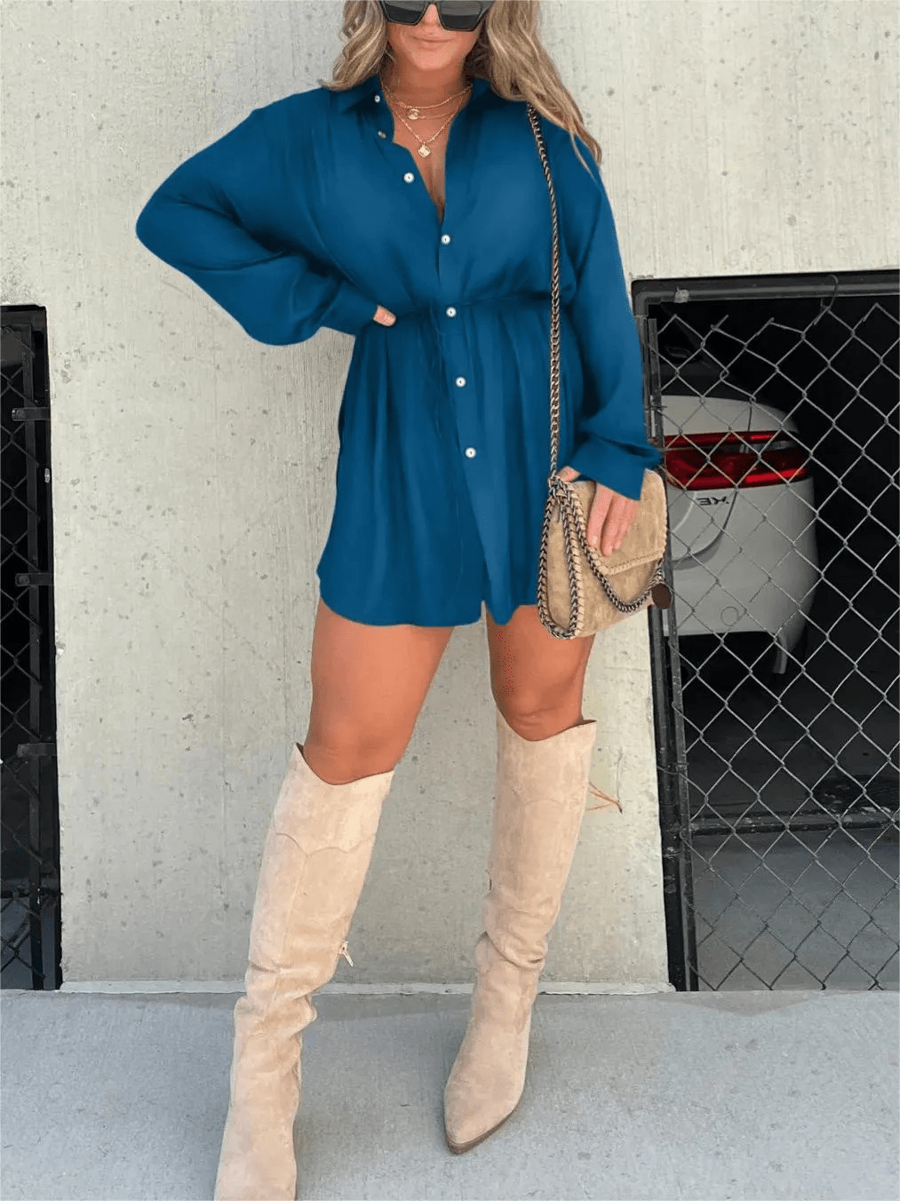 Long Sleeve Button Front Collared Waist Cinched Shirt Mini Dress - View 8