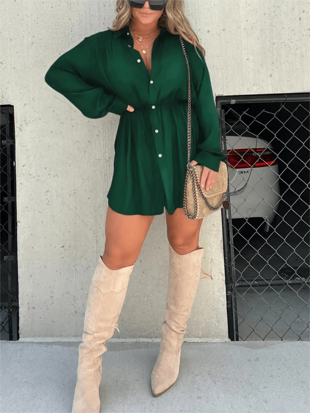 Long Sleeve Button Front Collared Waist Cinched Shirt Mini Dress - View 11