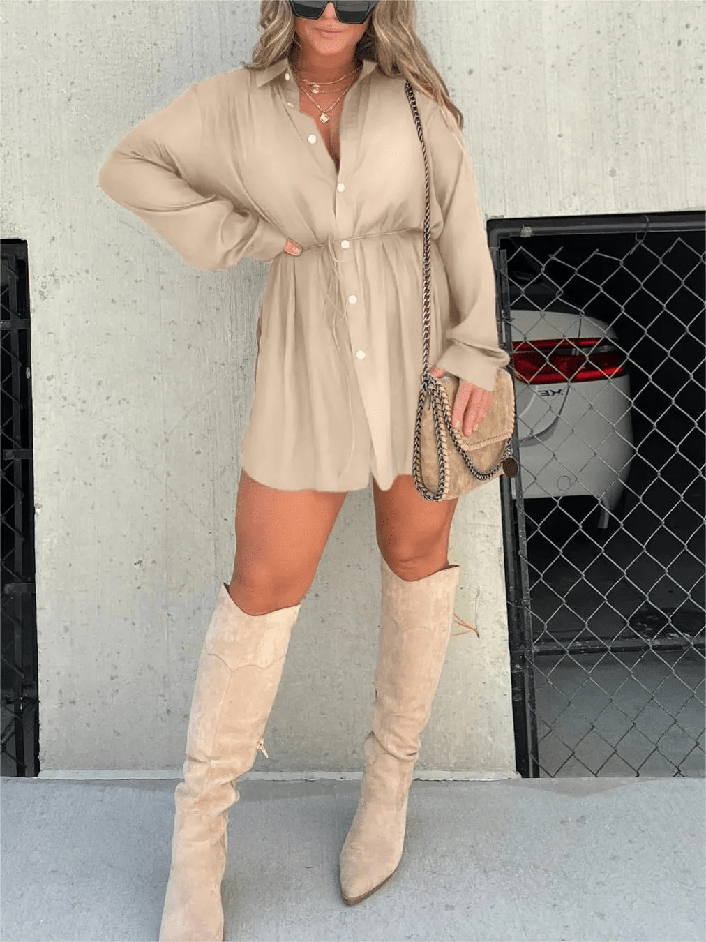 Long Sleeve Button Front Collared Waist Cinched Shirt Mini Dress - View 9