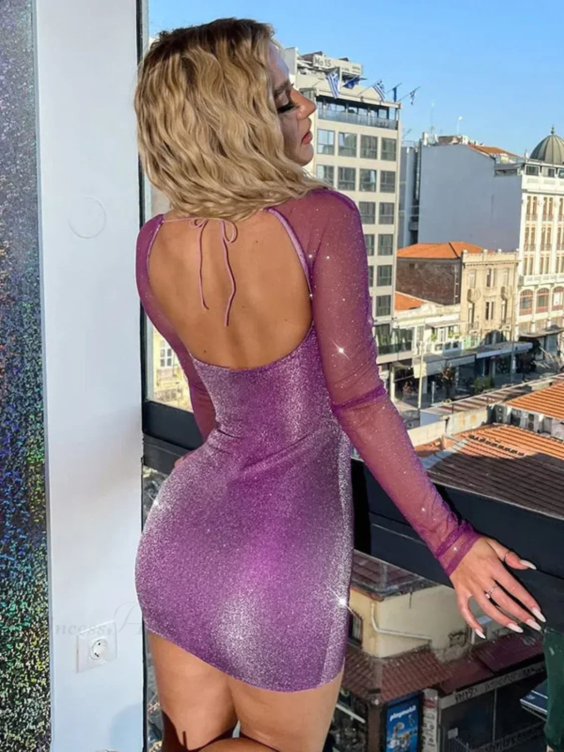 Sparkling Mesh Wrap Mini Dress - View 8