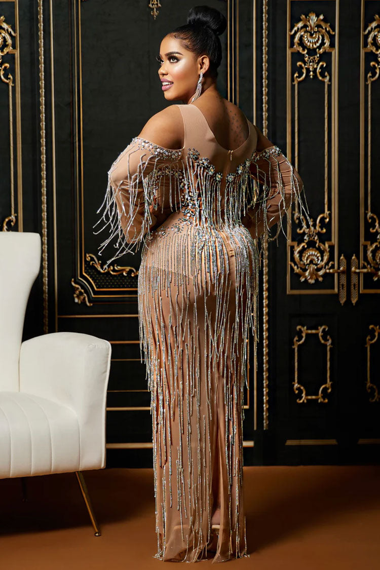 Sparkly Cold Shoulder Sheer Evening Maxi Dress - Silver - View 3