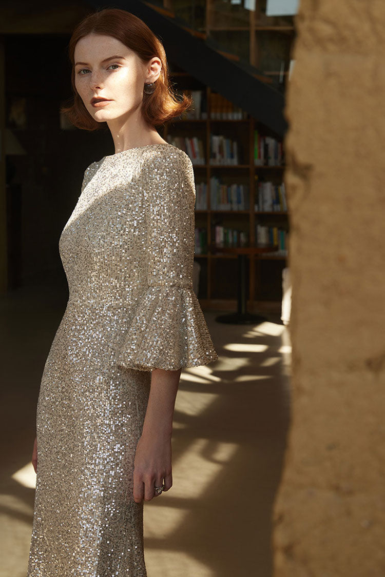 Sequin Boat Neck Bell Sleeve Fishtail Mermaid Gown - View 2