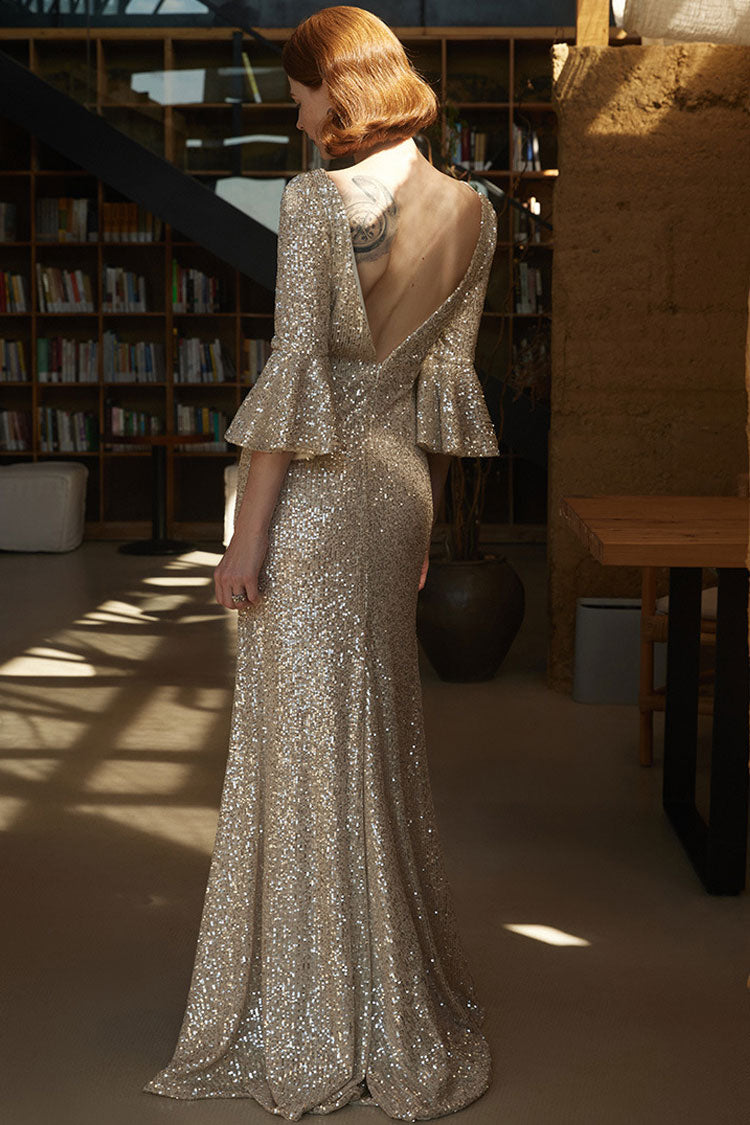 Sequin Boat Neck Bell Sleeve Fishtail Mermaid Gown - View 3