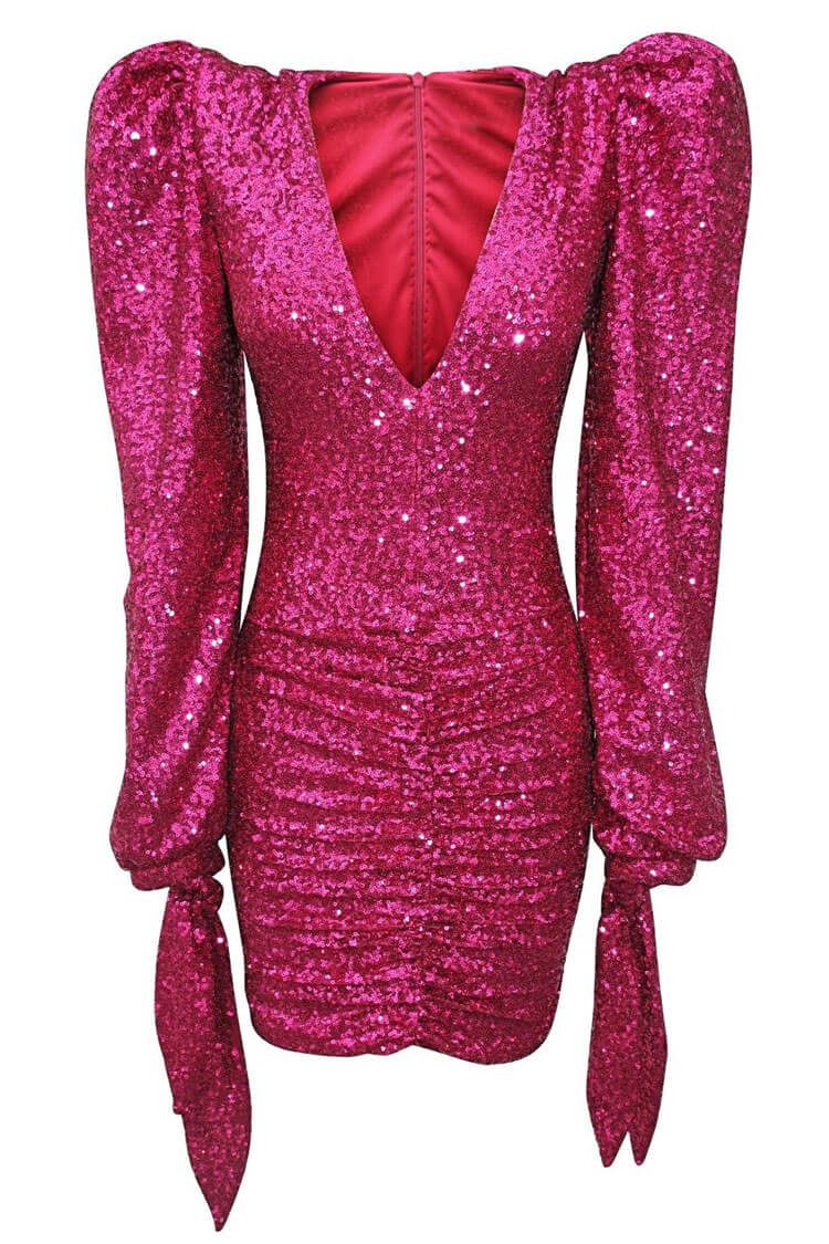Sequin Deep V-Neck Puff Sleeve Bodycon Mini Party Dress - View 3