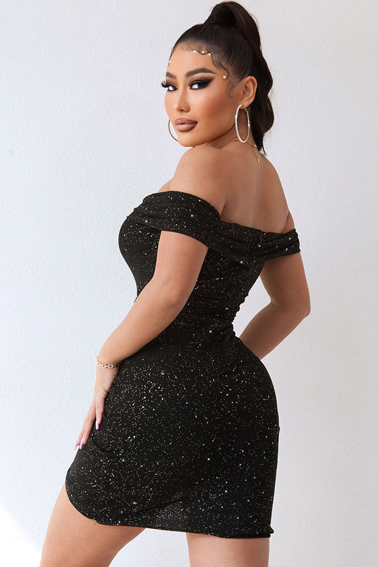 Glitter Off Shoulder Sweetheart Ruched Bodycon Party Mini Dress - View 4