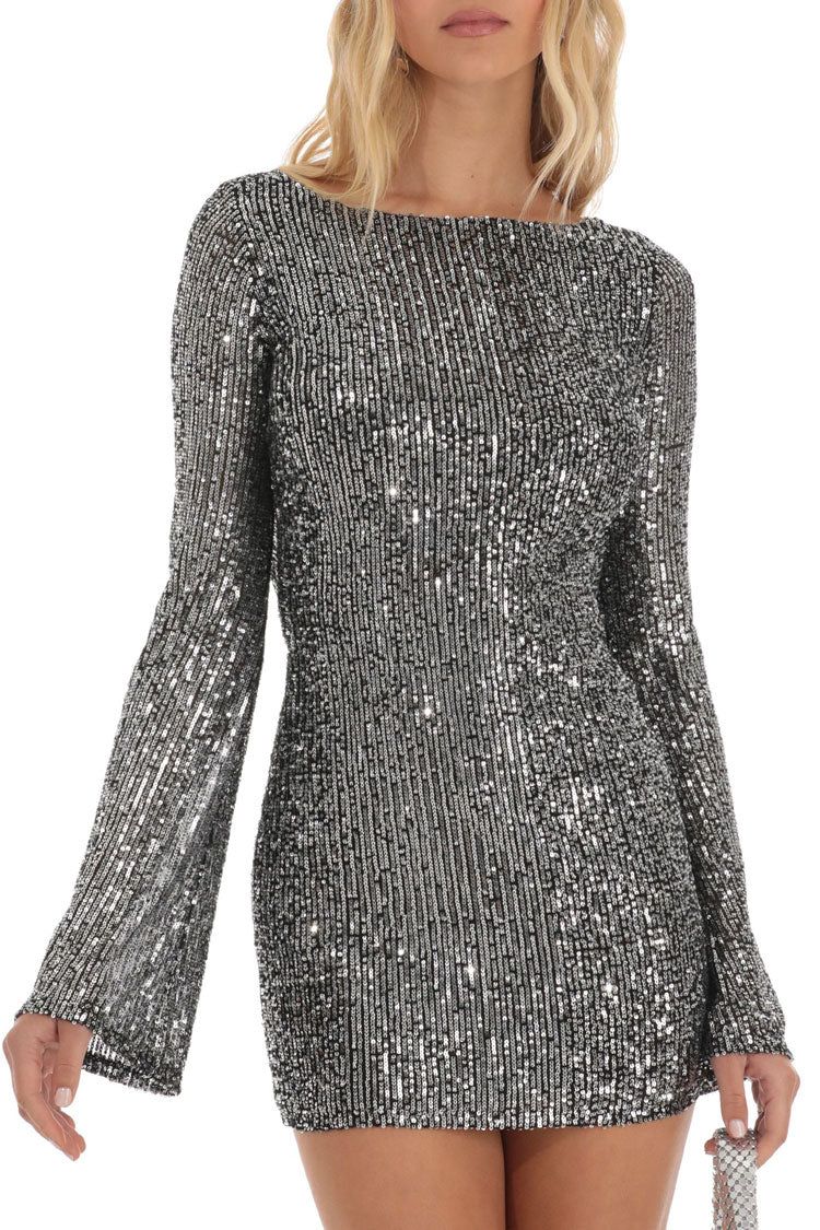 Sequin Boat Neck Long Sleeve Backless Bodycon Mini Party Dress - View 2