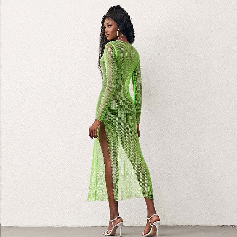 Fishnet Crystal Embellished Long Sleeve Maxi Dress - Neon Green - View 2
