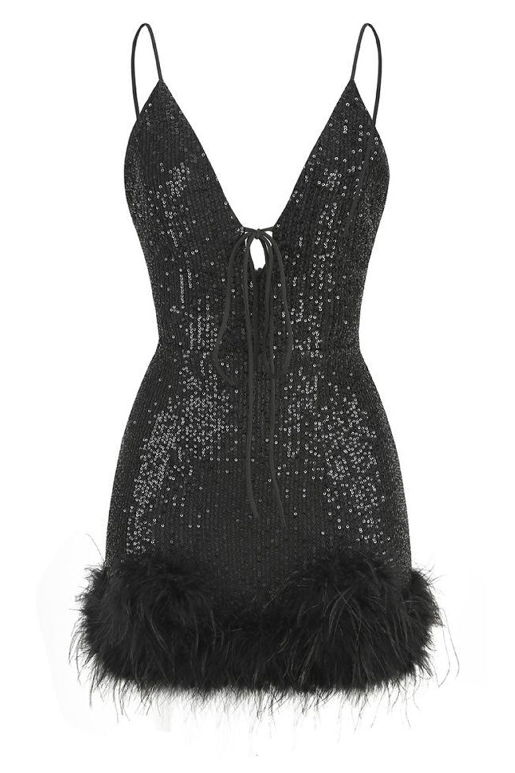 Sequin Deep V-Neck Strappy Feather Trim Bodycon Mini Dress - View 5