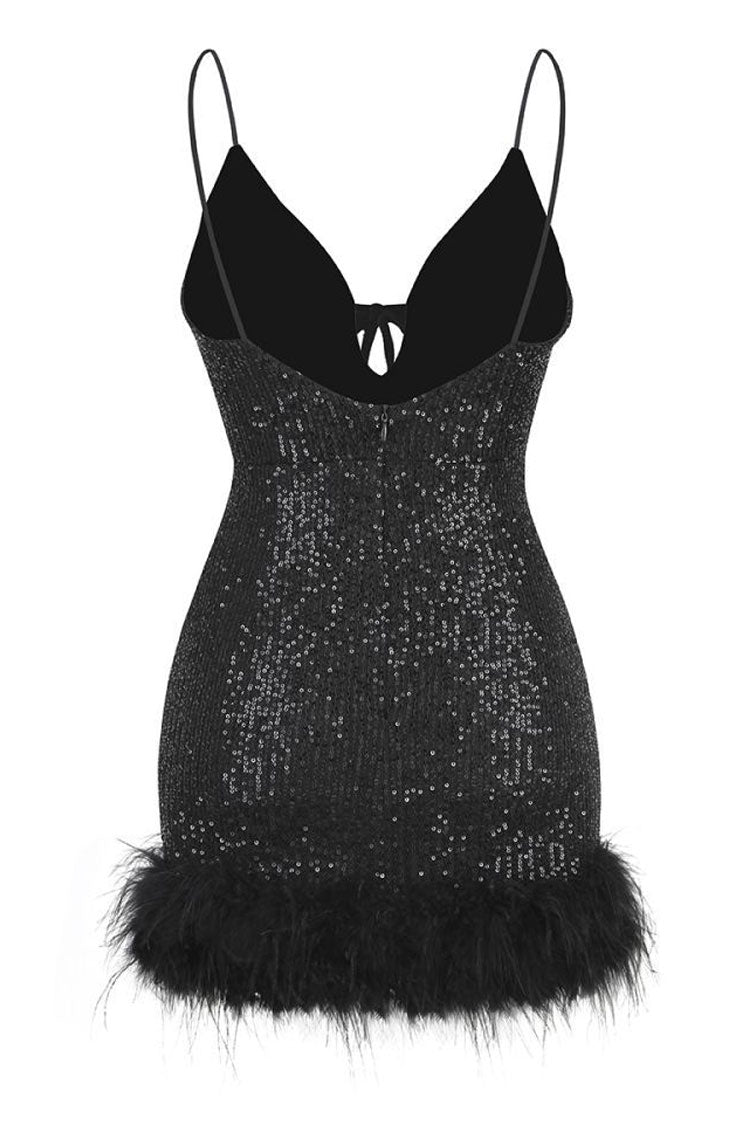Sequin Deep V-Neck Strappy Feather Trim Bodycon Mini Dress - View 6